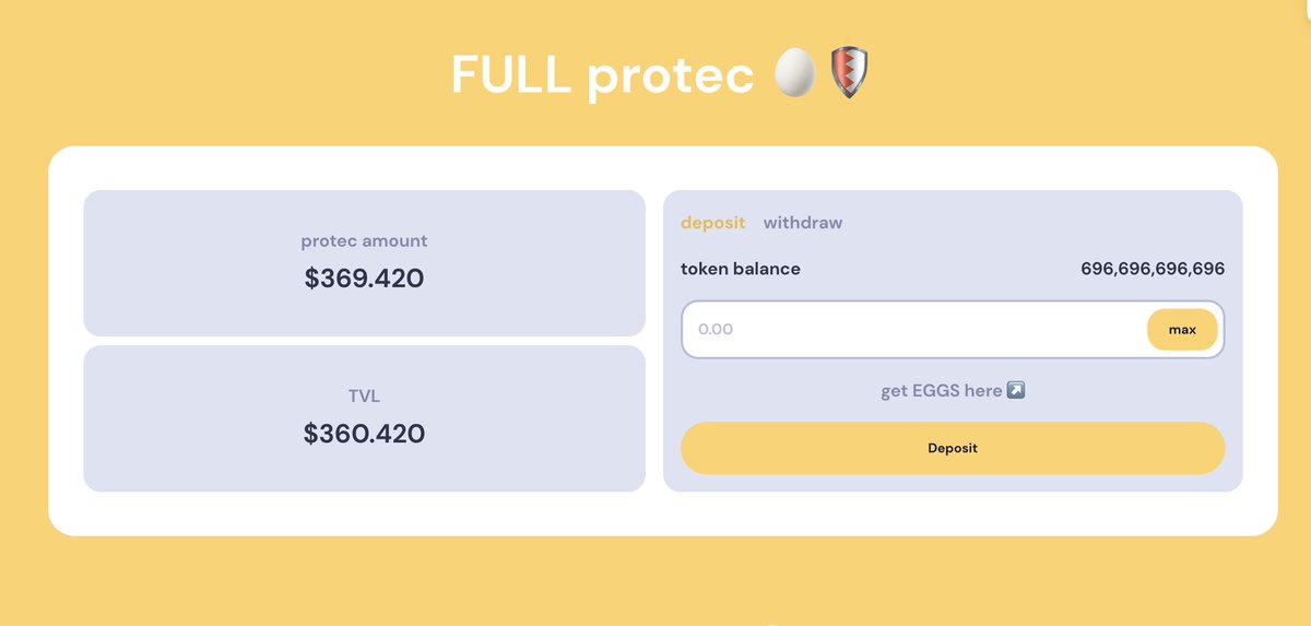 FULL PROTEC vault has now been released! It's a new vault that will protec your EGGS fully.
It currently has a locking period of 7 days. This vault will NOT be affected by debase and is the most secure vault released to date! 🔒🥚

Protec $EGGS now: eggs.care