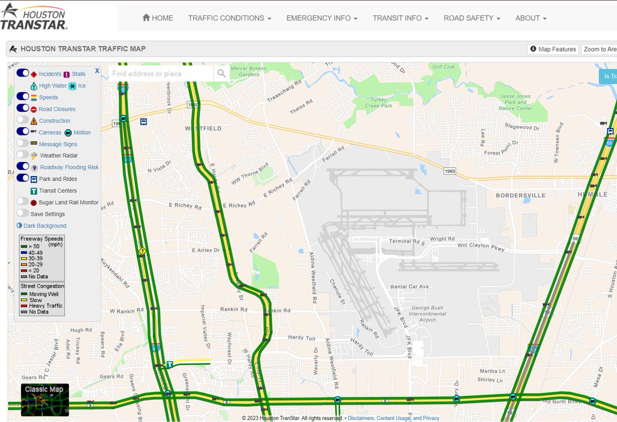 jayhawkmi's tweet image. Hello @iah @AirportsHouston 
The @houstontranstar system is great for trip planning and awareness.  How about getting cameras added on JFK and the other access roads into airports? 
 Especially positive with the construction. Big coverage gap. @DugBegley