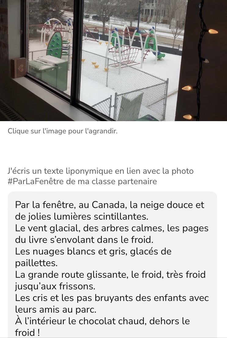 #Twoulipo #Equipe02 #ParLaFenêtre2023
Voici le chef d’œuvre de mes élèves de CP. Ils m’ont épatée sur cet exercice ! Merci aux super organisateurs de Twoulipo pour ce super projet, les élèves ont adoré !