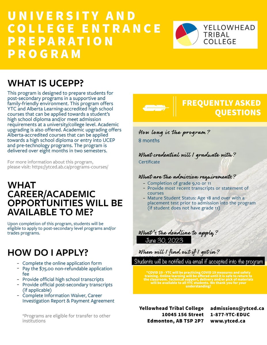 Now accepting applications for Fall 2023, We welcome you to join us on your educational journey!  
Check out our website :ytced.ab.ca
Apply here: ytced.ab.ca/admissions/how…