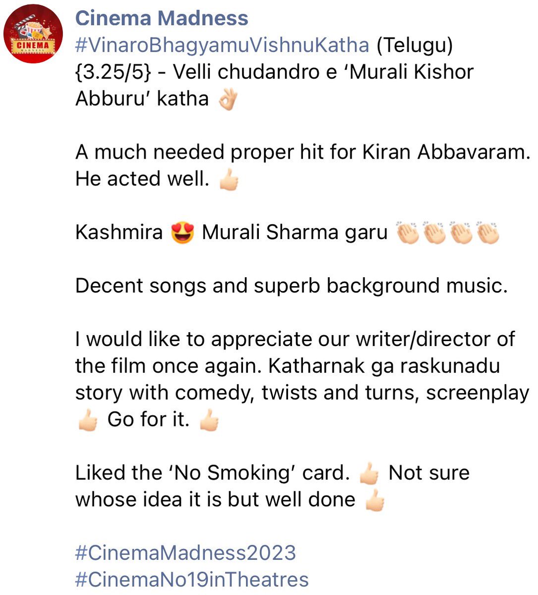 CinemaMadness24's tweet photo. 36. #VinaroBhagyamuVishnuKatha (Telugu) {3.25/5} 👌🏻 #VBVK
#BunnyVas @Kiran_Abbavaram @GA2Official @kashmira_9 @KishoreAbburu @chaitanmusic @murlisharma72 👌🏻👏🏻 #VbvkReview https://t.co/LaueMTEgYK