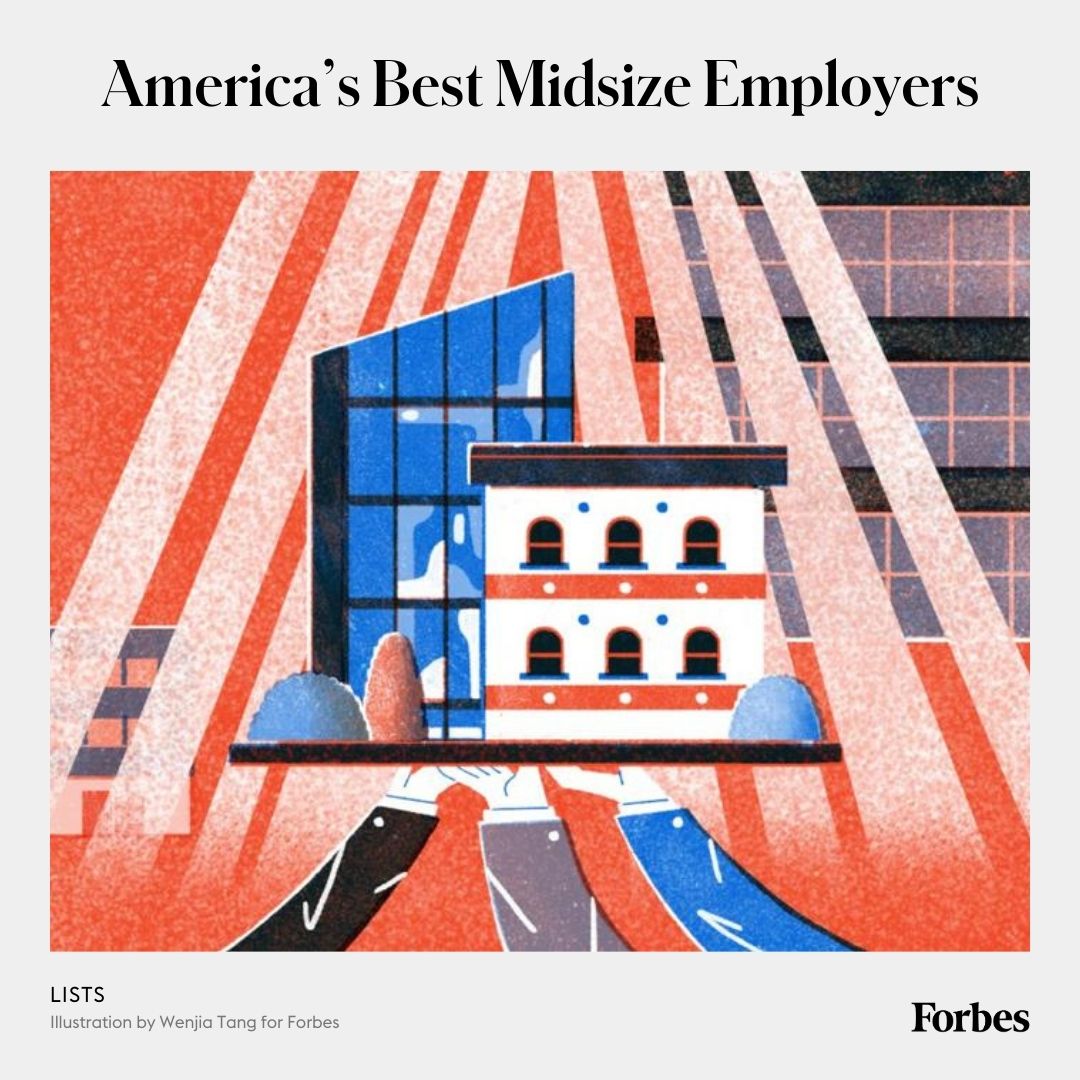 Forbes's tweet photo. Forbes partnered with Statista to compile our list of America’s Best Midsize Employers. The ranking is based on a survey of about 45,000 American workers at companies and institutions with 1,000 to 5,000 U.S.-based employees. https://t.co/hOoPX7f0Rr #AmericasBestEmployers https://t.co/7mmCWLHDHy