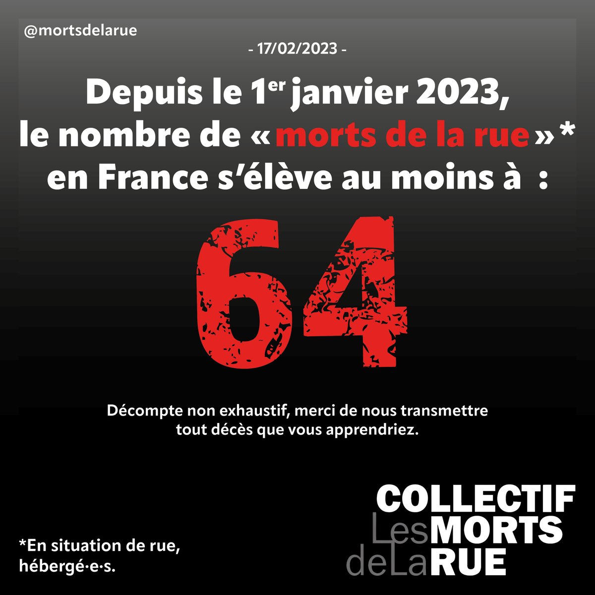 64 décès au 17 février, 13 de plus en 1 semaine.

Près de deux décès par jour.