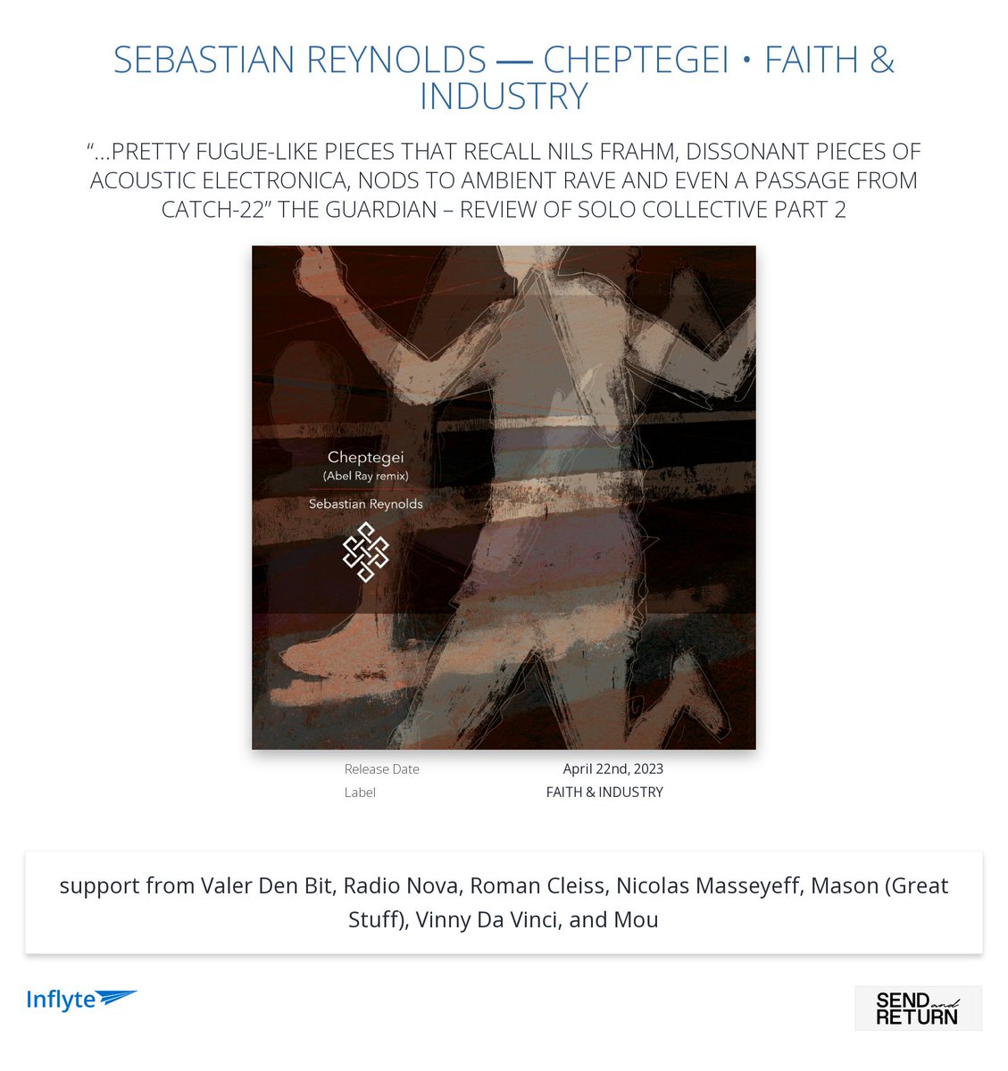 _sendandreturn's tweet image. Cheers @nicomasseyeff for the review "Nice Abel Ray remix ! Support !"
inflyteapp.com/r/ut5fh6