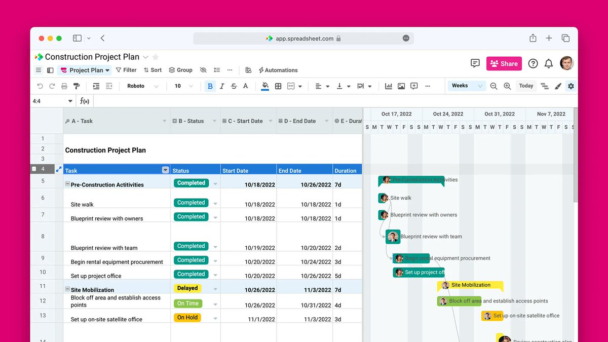 spreadsheetcom's tweet image. Tired of feature-lacking construction project management tools? Spreadsheet.​com comes with #Gantt charts, schedule constraints, and task dependencies. Get started with one of our pre-built templates and #GetSheetDone. buff.ly/3IZpvi9 #constructiontech