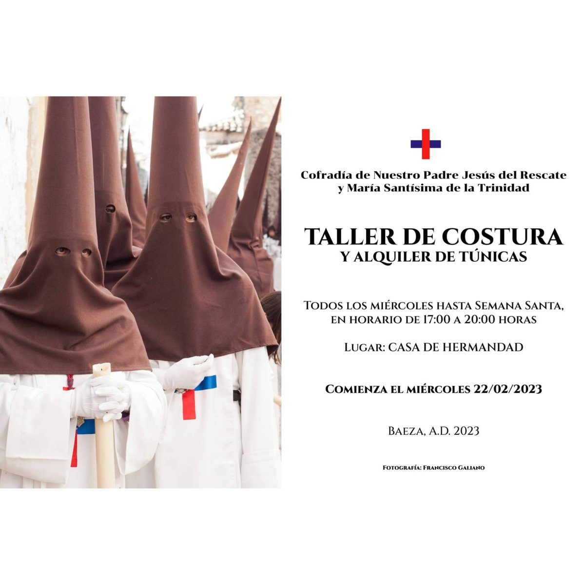 TALLER DE COSTURA Y ALQUILER DE TÚNICAS| Este próximo miércoles, 22 de febrero, ponemos en marcha nuestro taller de costura para todo aquel hermano/a que desee realizarse la túnica o alquilar una de cara a nuestra Estación de Penitencia del próximo Jueves Santo.