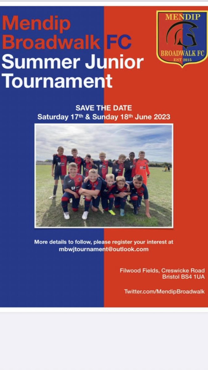 MendipBroadwalk's tweet photo. 🔵🔴

Spaces at our summer tournament for all ages.

Please email mbwjtournament@outlook.com to apply.

*Also a great way for the clubs who are coaching sides in prep for next seasons U7’s.This age group is classed as ‘Pre U7’s’. All players have to be 6yrs old to participate https://t.co/FMKh6W7PgB
