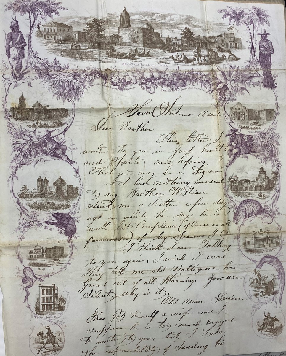 TAMUCCspecoll's tweet photo. Our #FindFriday comes from the Gambel collection. Much of this collection consists of letters exchanged between brothers David, William, and Thomas from the 1830's-1860's. Note the beautifully illustrated stationary featuring wildlife and San Antonio landmarks. #TAMUCC #Archives https://t.co/uAYIfTQZe4