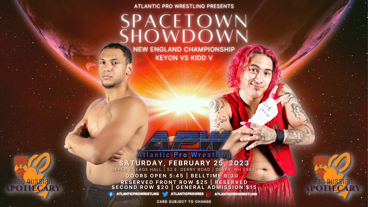 atlanticprowres's tweet photo. Spacetown Showdown Match Announcement 

On Saturday, February 25th @Blackswiftness will face @KiddV00 for the APW New England Title.

Front Row is sold out!
8 Resrvd 2nd Row Seats Remain
50 Gen Admiss

Tickets available online.

https://t.co/t45yyAHwAJ https://t.co/TqL7x12L7f