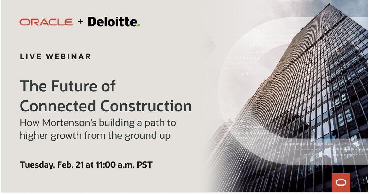 MarykateReese's tweet photo. Tune in February 21 to explore key issues the #construction industry is facing, and how organizations can stay competitive and navigate volatility. Register for the webcast from @Oracle and @Deloitte: https://t.co/M1bGM8Ah0T https://t.co/vBZYhNU9sA