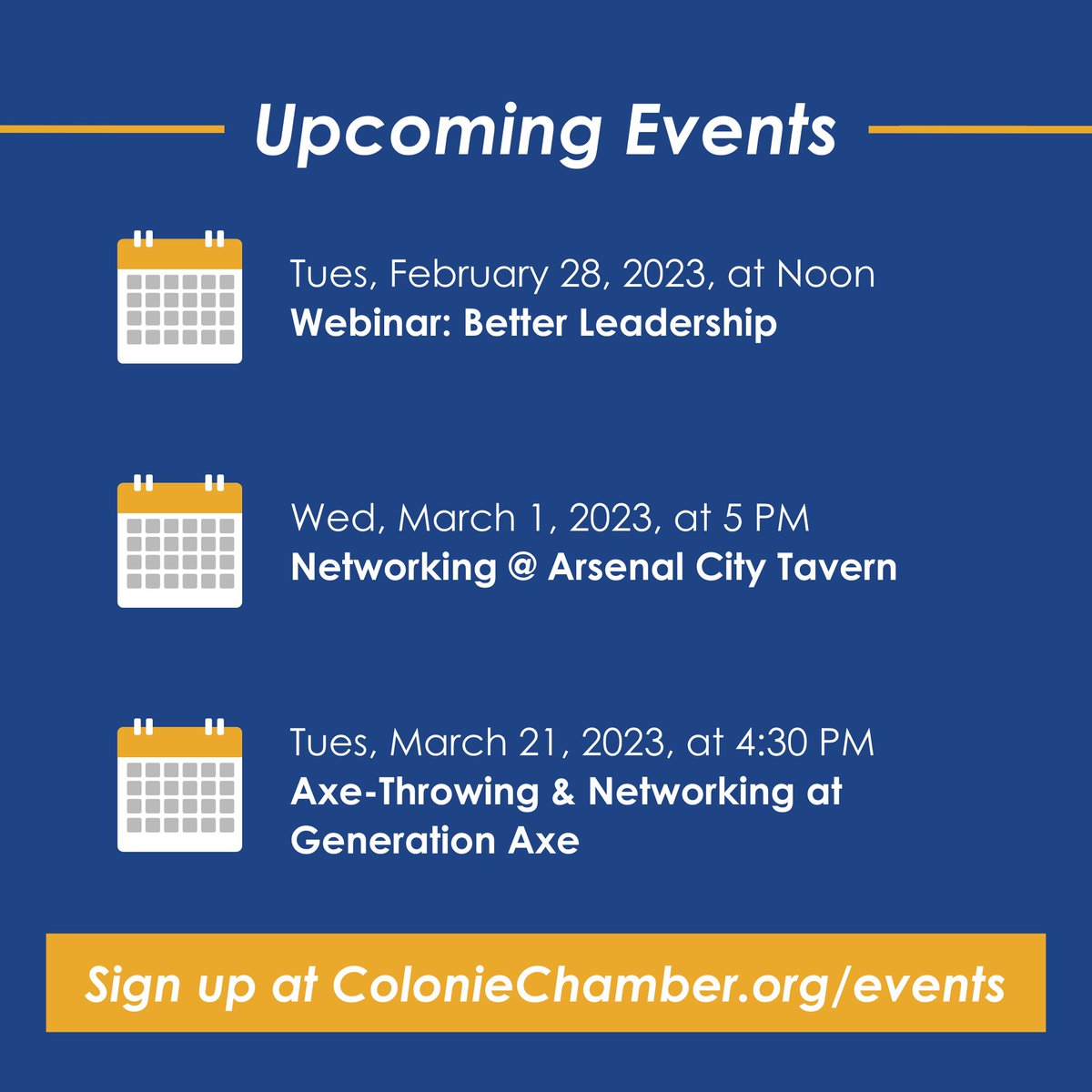 We have several events on our calendar — from webinars to networking! 🌟 Head to ColonieChamber.org/Events to see more and register!
