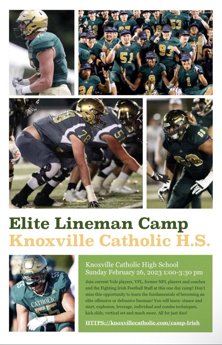 🚨 A big addition to our Elite Lineman Camp. We are excited to announce @Krony5563 Former Atlanta Falcons OL/TE coach will be there to teach! You don’t want to miss it! Feb 26th 1-3:30 knoxvillecatholic.com/camp-irish Go Irish ☘️