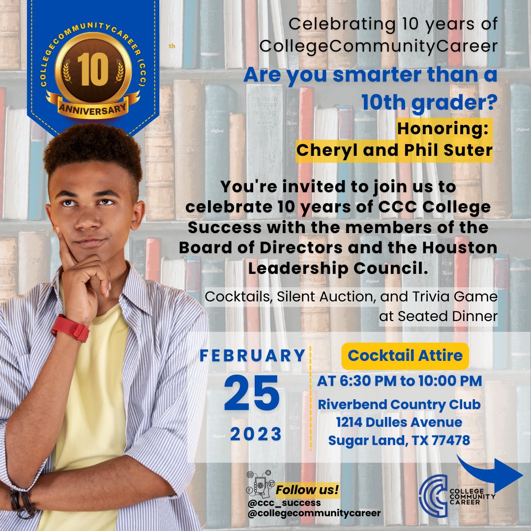 CCC_Success's tweet photo. ⭐ Join us to celebrate our CCC 10th year anniversary with a fun game of trivia, silent auction, and dinner! Woohoo!!
⭐ To attend this event please choose either purchasing a table or a ticket(s).
⭐ Click here to RSVP or scan QR Code: https://t.co/qLGSOzQ5JK
#cccsuccess https://t.co/mBByNNtyKH