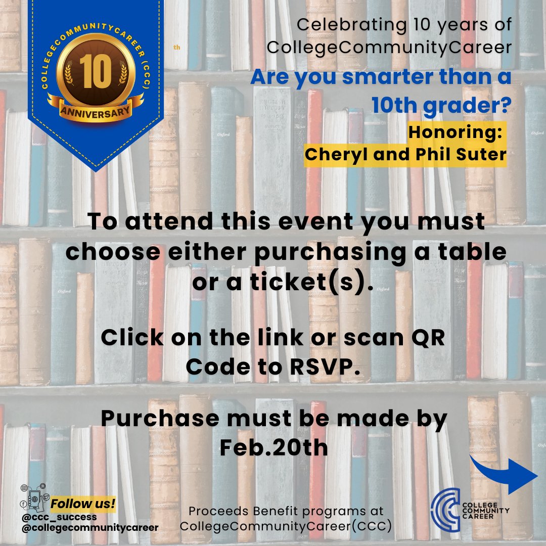 CCC_Success's tweet photo. ⭐ Join us to celebrate our CCC 10th year anniversary with a fun game of trivia, silent auction, and dinner! Woohoo!!
⭐ To attend this event please choose either purchasing a table or a ticket(s).
⭐ Click here to RSVP or scan QR Code: https://t.co/qLGSOzQ5JK
#cccsuccess https://t.co/mBByNNtyKH