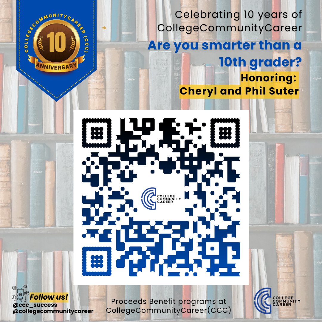 CCC_Success's tweet photo. ⭐ Join us to celebrate our CCC 10th year anniversary with a fun game of trivia, silent auction, and dinner! Woohoo!!
⭐ To attend this event please choose either purchasing a table or a ticket(s).
⭐ Click here to RSVP or scan QR Code: https://t.co/qLGSOzQ5JK
#cccsuccess https://t.co/mBByNNtyKH