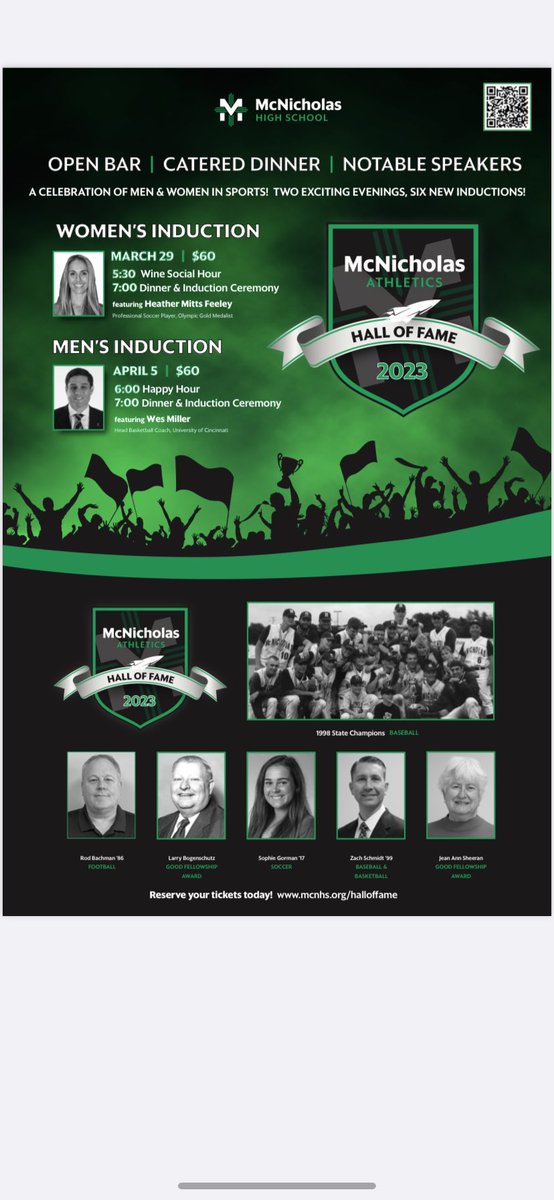 HoF | We are excited to announce the inductees for the Class of 2023!

🏈Rod Bachman ‘86
⚽️Sophie Gorman ‘17
⚾️🏀Zach Schmidt ‘99

Larry Bogenschutz (AD)
Jean Ann Sheeran

1998 Baseball State Champs

Please join us March 29 &amp; April 5 for two great events! ⬇️⬇️⬇️

#BondedTogether