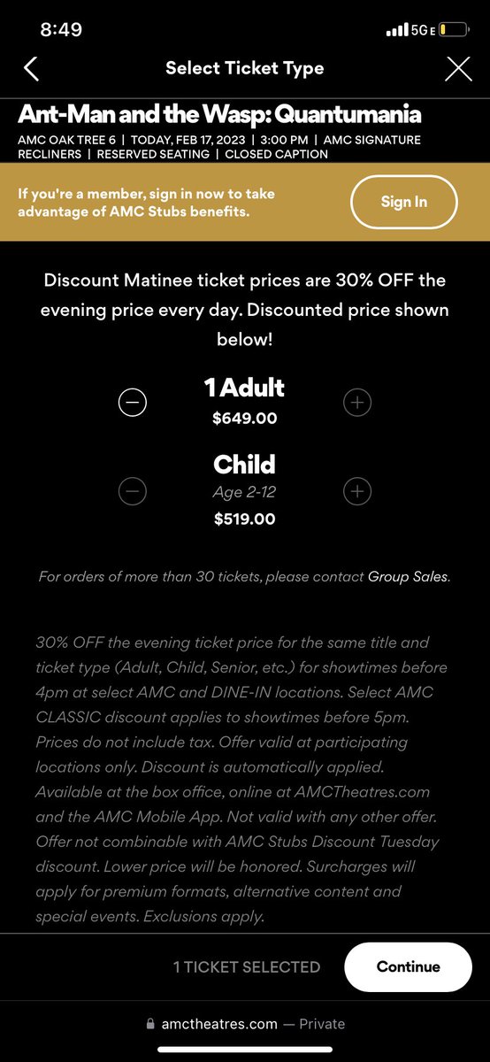 FeistyFreckles0's tweet image. Hey, @AMCTheatres new Sightline ticket seat pricing just dropped! 😂😭 
1 Matinee, center row, no 3D frills. #amc #sightline #amcsightline
#amctheaters #isitaglitch