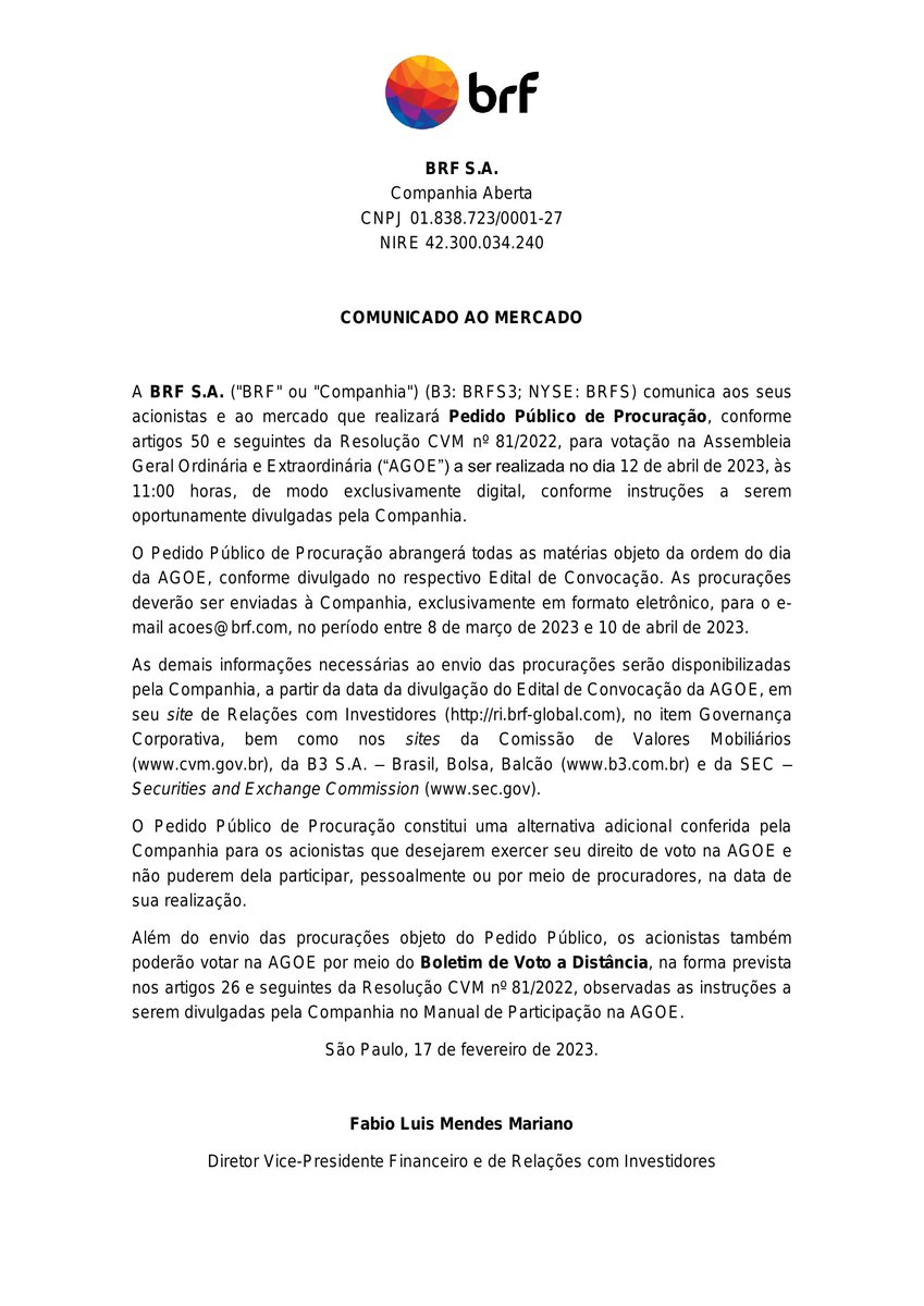 CalixtoCapital's tweet image. #BRFS | BRF SA | Comunicado ao Mercado