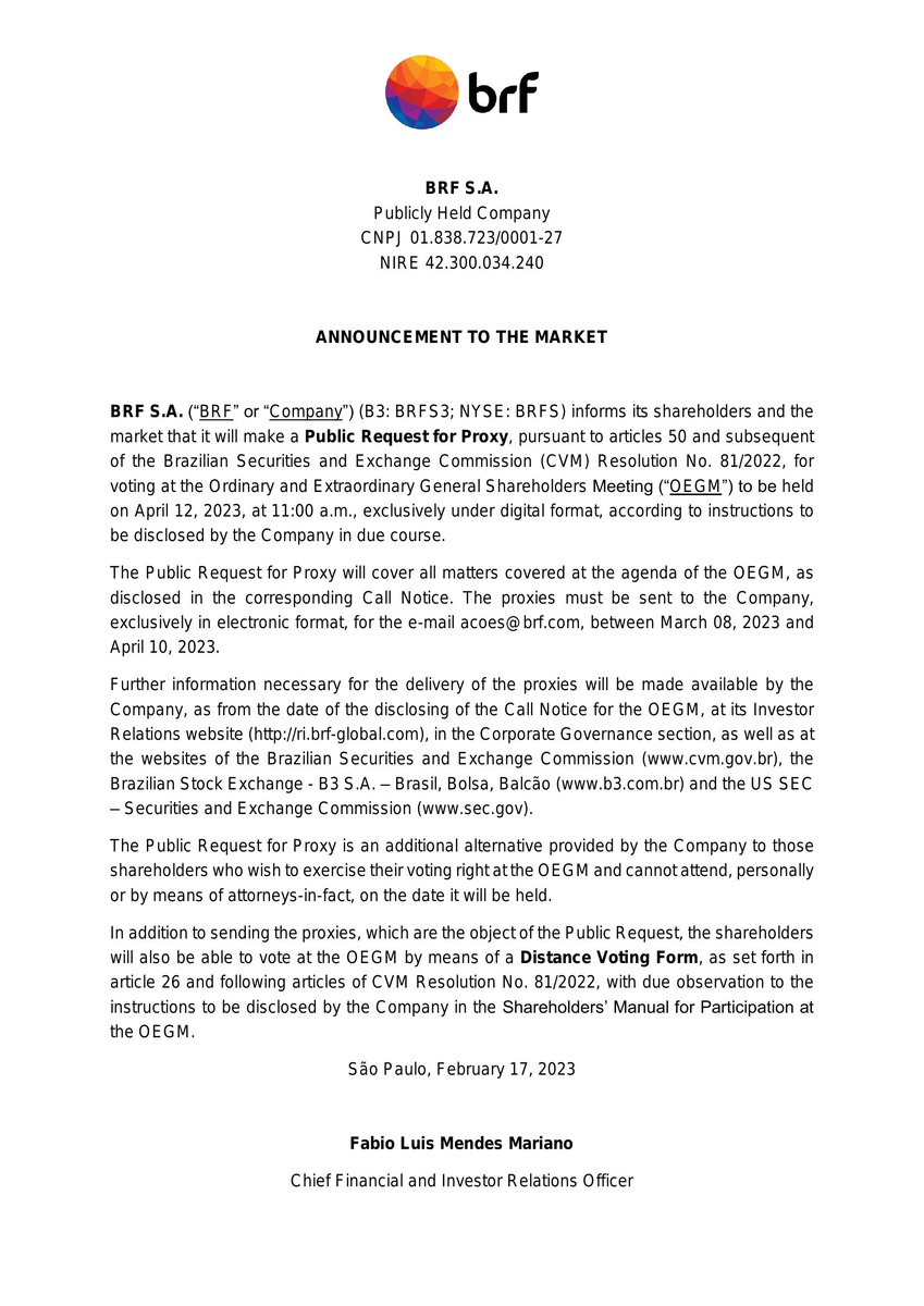 CalixtoCapital's tweet image. #BRFS | BRF SA | Comunicado ao Mercado