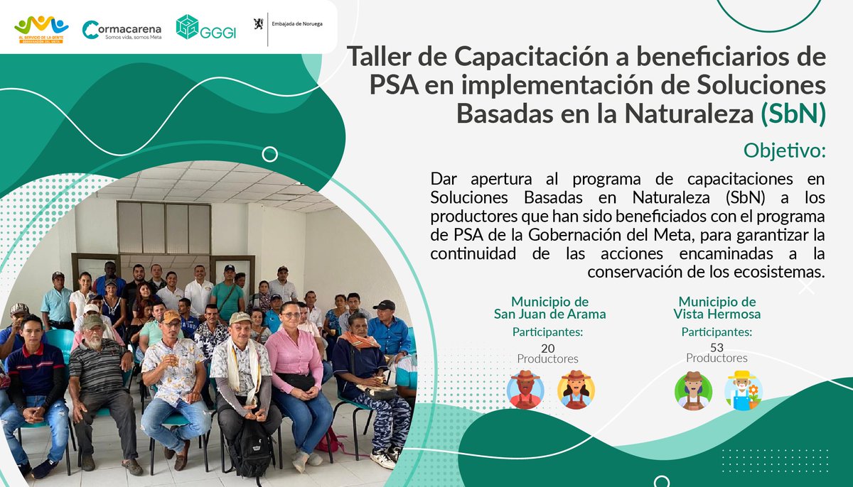 GGGICol's tweet photo. #MetaCreceVerde | ¡Inicia el Prog. de capacitación en #SolucionesBasadasEnLaNaturaleza! Con @GobMeta, @CORMACARENA, las alcaldías de @alcaldiaSJA, #VistaHermosa y @NoruegaenCOL, nos reunimos con 7⃣3⃣ productores interesados en la preservación y restauración de ecosistemas. https://t.co/lf5kgF7owa