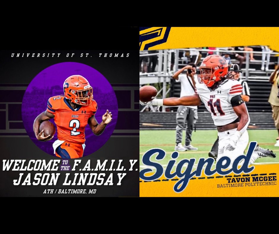 BaltCitySchools's tweet photo. Baltimore produces great student-athletes! We're so excited to see two senior Poly football players have made their decisions for college: Jason Lindsay is heading to @UofStThomasMN and Tavon McGee Jr. to @Merrimack. 

📸: Baltimore Polytechnic Institute (@Official_BPI) https://t.co/ynKUtNpoRQ