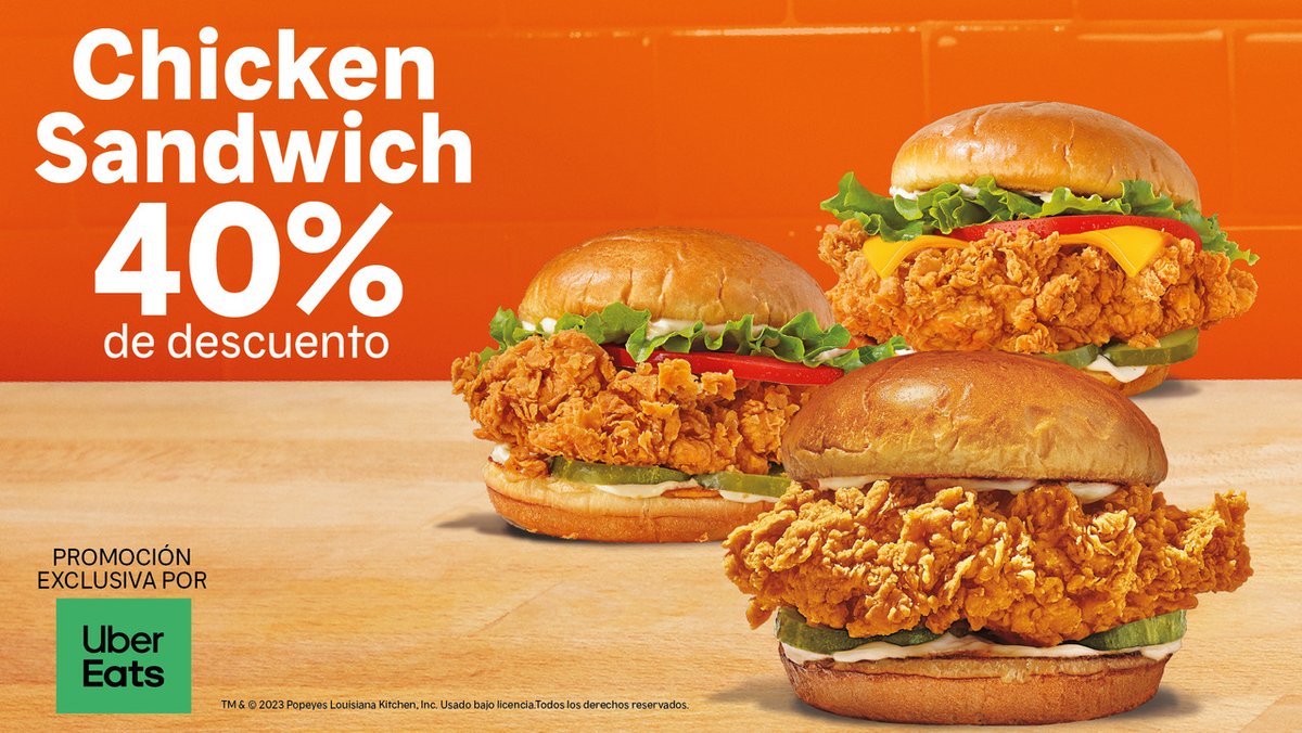 Aprovecha un 40% de descuento en la categoría de Chicken Sandwich al utilizar Uber Eats. 📲  🍗  #amoesepollo 

Válido solo 18 y 19 de Febrero, exclusivamente en Uber Eats.  Aplica solo en Villa Zaita, Multiplaza, Metromall, Altaplaza, Balboa y San Miguelito.