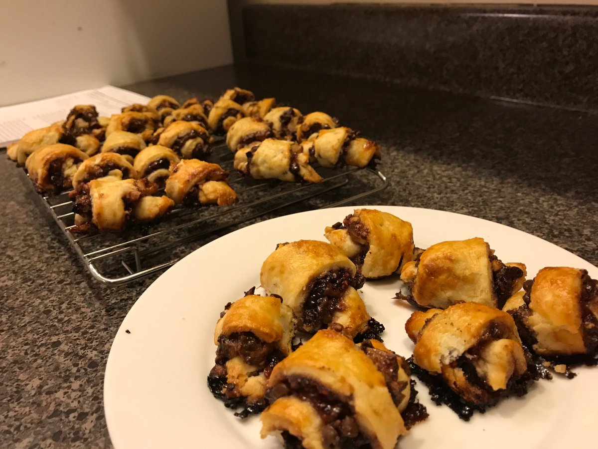 For Shabbat dinner tonight, I took a crack at making rugelach. Aesthetics are maybe 4/10 but they taste really good!