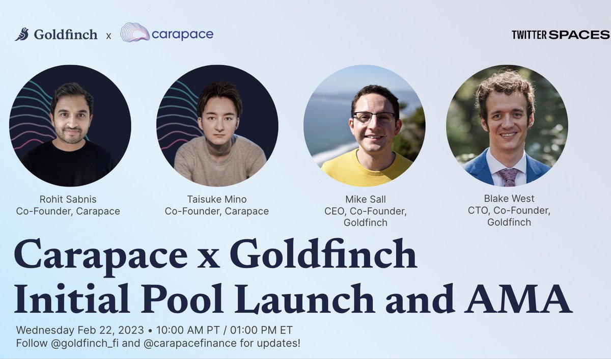 goldfinch_fi's tweet photo. 🗓️Save the date!

Rohit and Tai will be joined by Mike and Blake to share details of their upcoming launch of Carapace’s 1st protection pool and why they chose to partner with with @goldfinch_fi 

We think this is a great example of DeFi composability 🤝 

https://t.co/ARj1jpkx2F https://t.co/y621ZcuCxh