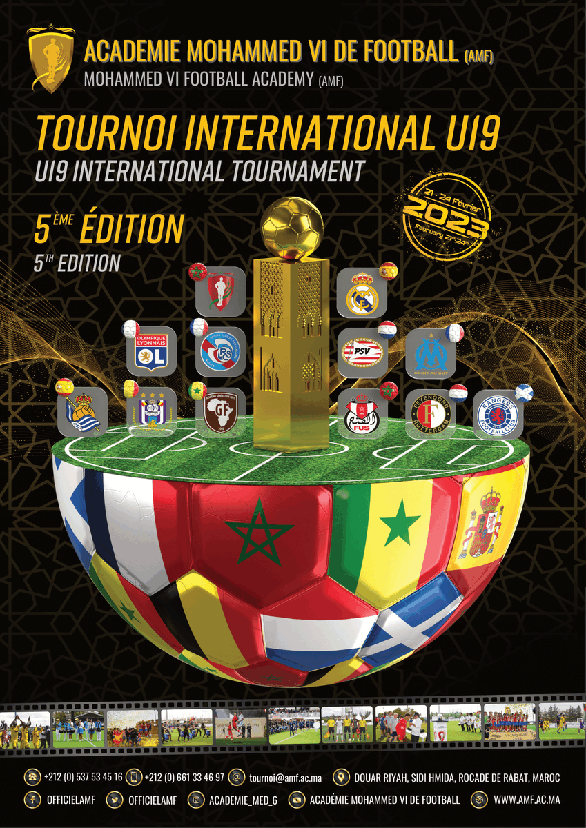 AcademieVi's tweet photo. L’Académie Mohammed VI de Football organise la 5ème édition de son prestigieux Tournoi International U19, du 21 au 24 février 2023.

Suivez nous en direct sur les chaînes de la SNRT #Arryadia 
⚽️🏆 https://t.co/sLqcLfohb5