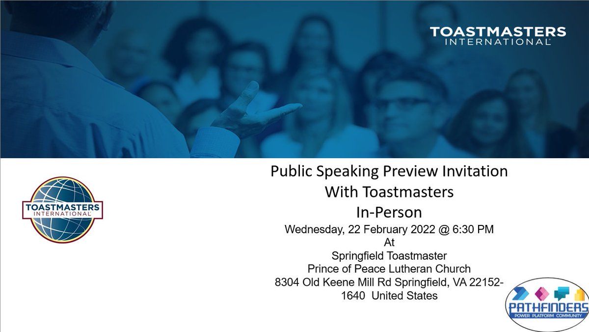 Blacklionm1's tweet photo. Open Invitation Come and join Springfield @Toastmasters Wednesday Feb 22  6:30 PM.
How can you communicate better at work in another language?  To begin, speed isn’t efficiency. It’s easy to freak out, but don’t worry! 
we will figure it out together!
#CommunityRocks #HumansofIT https://t.co/lW1KdD9oCC