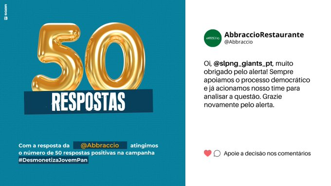 slpng_giants_pt's tweet photo. A ABBRACIO É A 50ª EMPRESA QUE RETIRA O SEU ANÚNCIO DA JOVEM PAN!

Bora comemorar em ritmo de carnaval com 100 comentários aqui com a #DesmonetizaJovemPan parabenizando a Abbracio pela decisão?! https://t.co/IRNQBzkjpI