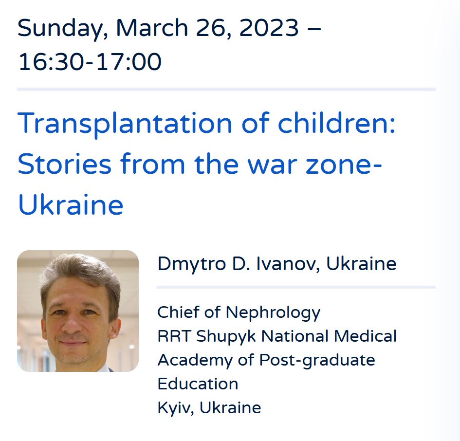 #IPTA2023 is pleased to present,"Transplantation of children: Stories from the war zone-Ukraine" a state-of-the-art lecture by Dmytro D. Ivanov, Chief of Nephrology
#Ukraine. 🇺🇦 ❤️

🗓️ March 26
🕓 16:30 (CT)
👉 ipta2023.org