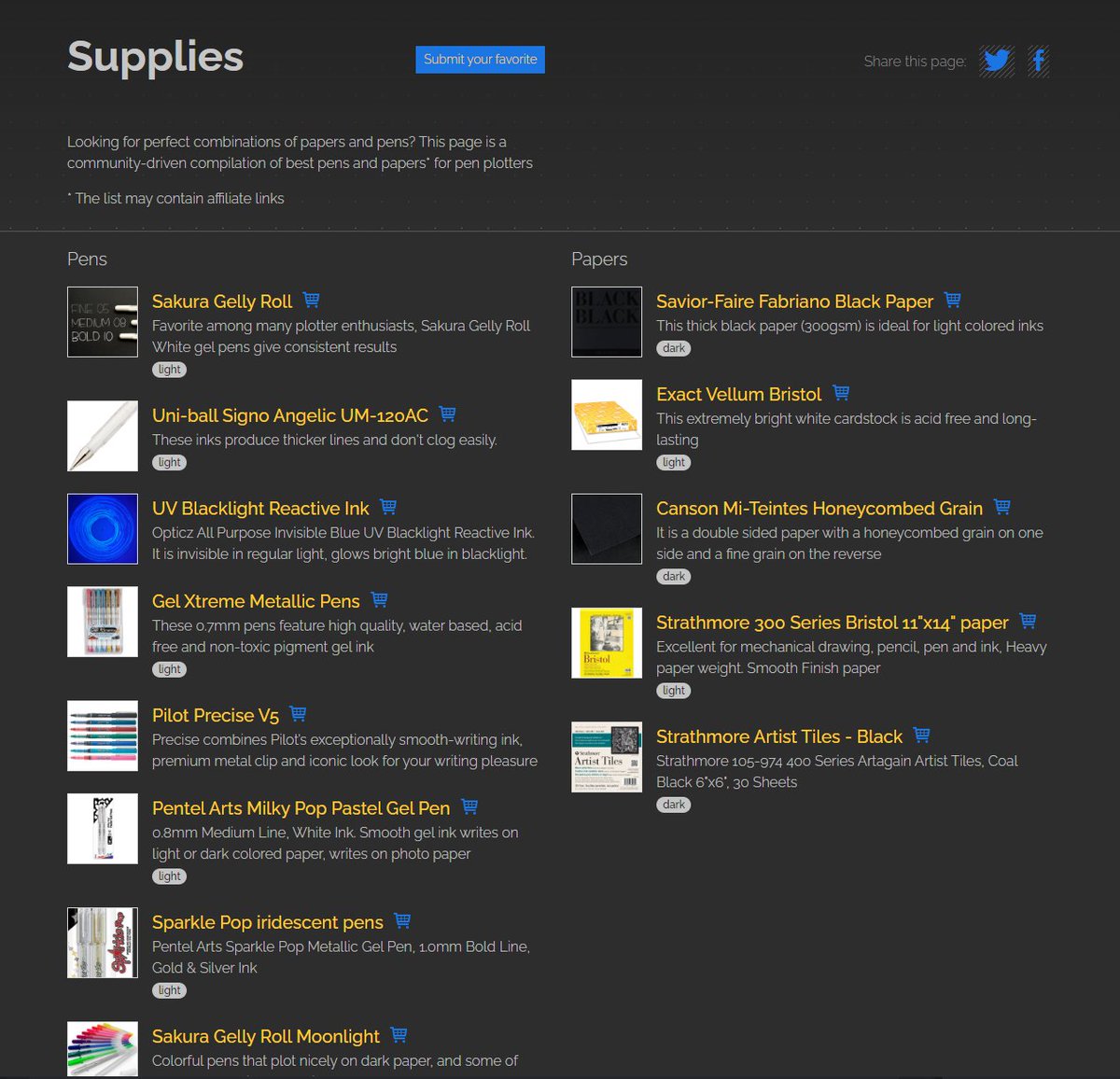 The list of pen and paper supplies for drawing robots keeps growing on <a href="/DrawingBots/">Drawing Bots</a> website:

drawingbots.net/knowledge/supp…

Have a favorite? Submit on the page! 

#plottertwitter #plotter #art #cnc #axidraw