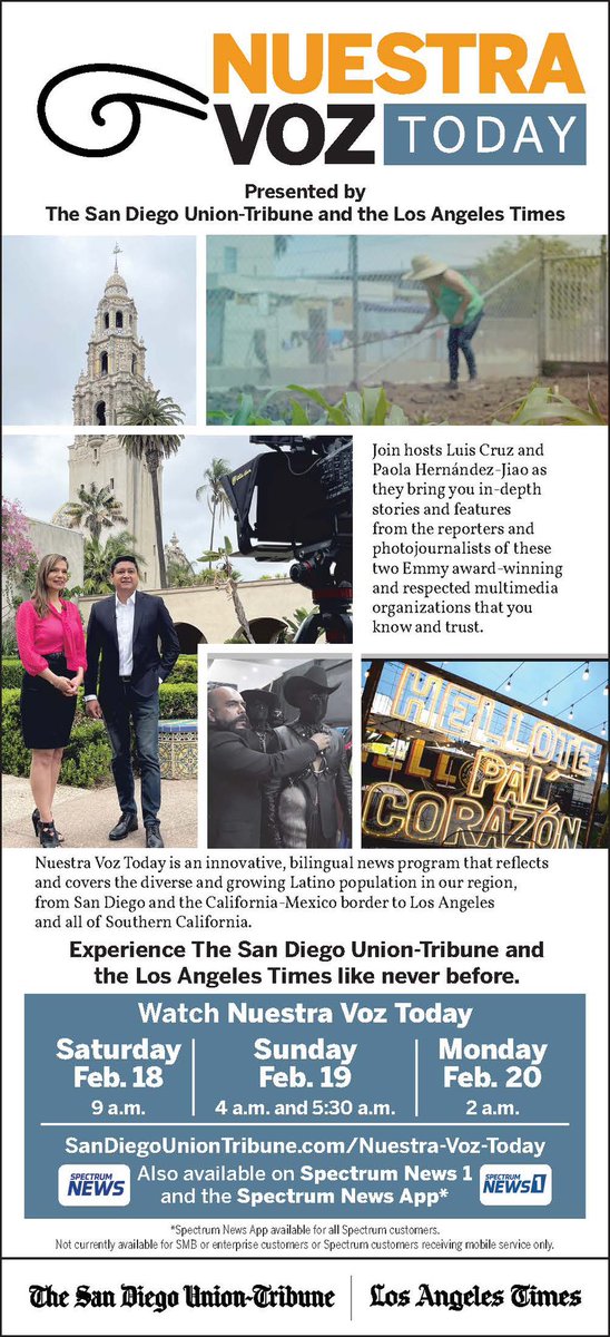 Watch Nuestra Voz Today presented by the <a href="/sdut/">The San Diego Union-Tribune</a> and <a href="/latimes/">Los Angeles Times</a> this Saturday at 9 a.m. on <a href="/SpecNews1SoCal/">Spectrum News 1 SoCal</a>. And watch previous episodes online at sandiegouniontribune.com/NuestraVozToday