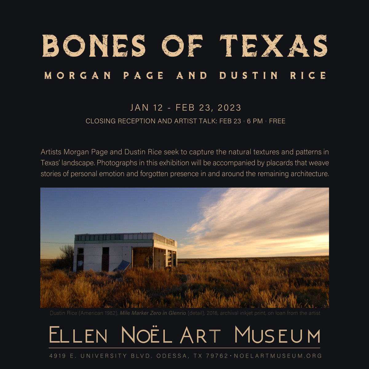 Join us for the Bones of Texas closing reception and Artist Talk on Thursday, February 23rd, at 6 PM in the Presidential Archives at UT Permian Basin. Hear firsthand the inspiration behind the exhibit from artists Morgan Page and Dustin Rice!
