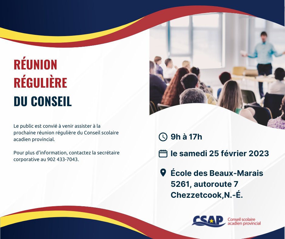 Le public est convié à venir assister à la prochaine réunion régulière du Conseil scolaire acadien provincial.  

Quand:  le 25 février 2023 de 9h à 17h
Où: École des Beaux-Marais (5261, autoroute 7, Chezzetcook, NÉ

Voici l'ordre du jour proposé : csap.ca/images/gouvern…