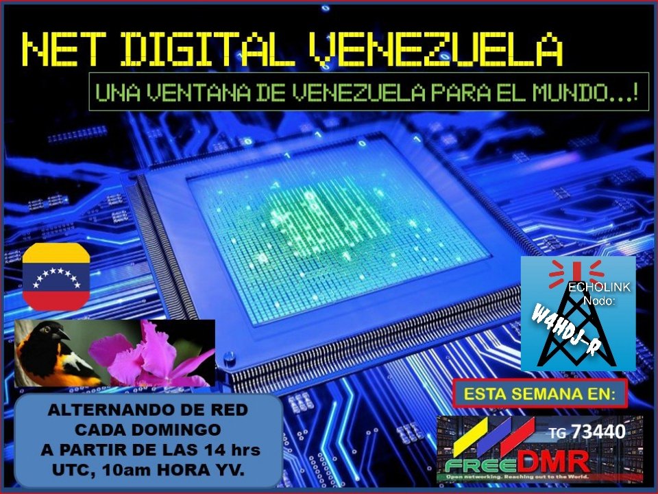 NetDigitalVzla's tweet photo. Una ventana de Vzla para el mundo, este Dom. 19/2 emision 354 a las 14z por el TG 73440 de #FREEDMR y por EchoLink (W4HDJ-R) @GREMPanama @FreedmrPeru @Freedmr_Panama @yv1aj_rcv @ARV_Caracas @RCDECHILE @EcuadorDxClub @YV5ARV @HamRadioYV @yv5ao #brandmeister #TGIFNetwork #dmr https://t.co/bBeeZEf3Ul