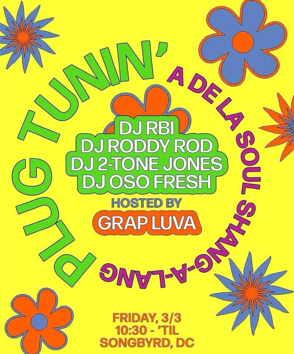 SongbyrdDC's tweet image. 2 weeks from today 3/3 🌺🌸🌼 With the passing of #Trugoy aka #PlugTwo this event has taken on more special meaning so let’s celebrate the music of #DeLaSoul 🌺🌸🌼 #DeLaSoulFOREVER  TIX &amp;gt;&amp;gt; link.dice.fm/9JrzJsXevxb