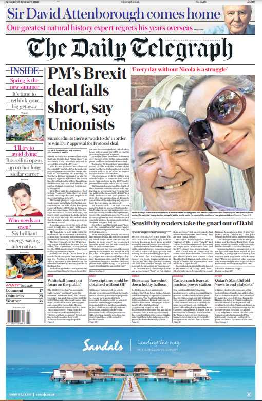 Saturday's Telegraph: “PM's Brexit deal falls short, say Unionists” #BBCPapers #TomorrowsPapersToday bbc.in/3SaLoO3