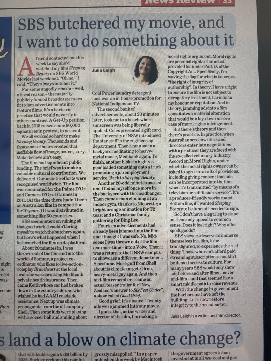 QuentinDempster's tweet photo. ⁦@SBS⁩ butchers works of art for money. Read film director Julia Leigh’s SMH/The Age article on our multi-cultural broadcaster’s practice of unnatural ad breaks in programs. This must change! Please join ⁦@SaveOurSBS⁩ to help our campaign. Ads between .. not within. https://t.co/F4SgDtBfAR