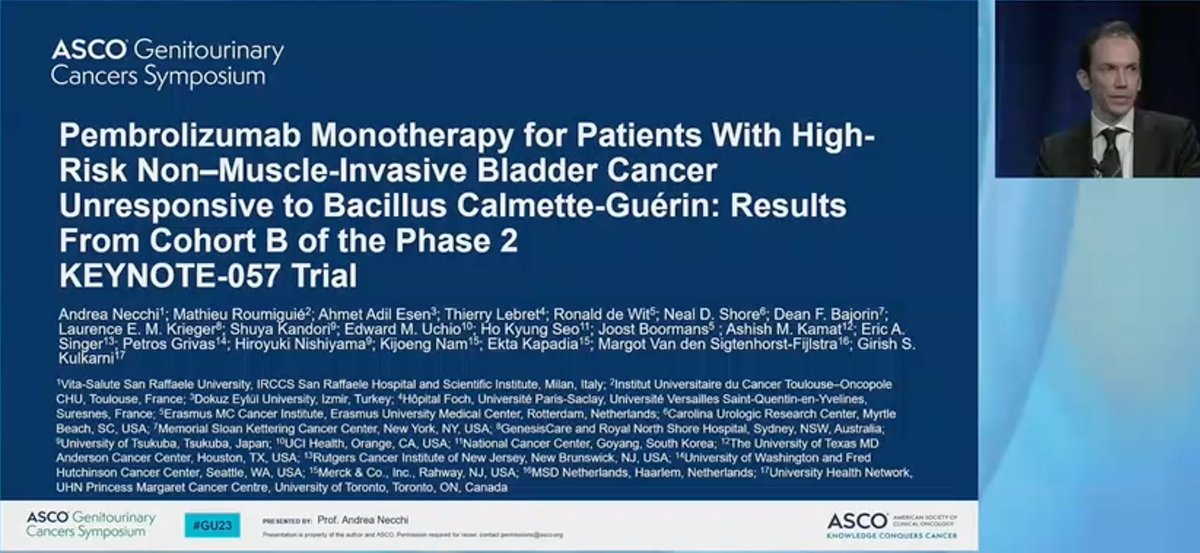 DrChoueiri's tweet photo. #GU23 Stellar presentation by @AndreaNecchi 
Pembro mono for pts w/ HR NMIBC unresponsive to BCG shows impressive efficacy regardless of baseline characteristics
🟢Stable/improved QoL in >70% of pts🟢
#KEYNOTE057 
@OncoAlert https://t.co/hbWaAUPPw6