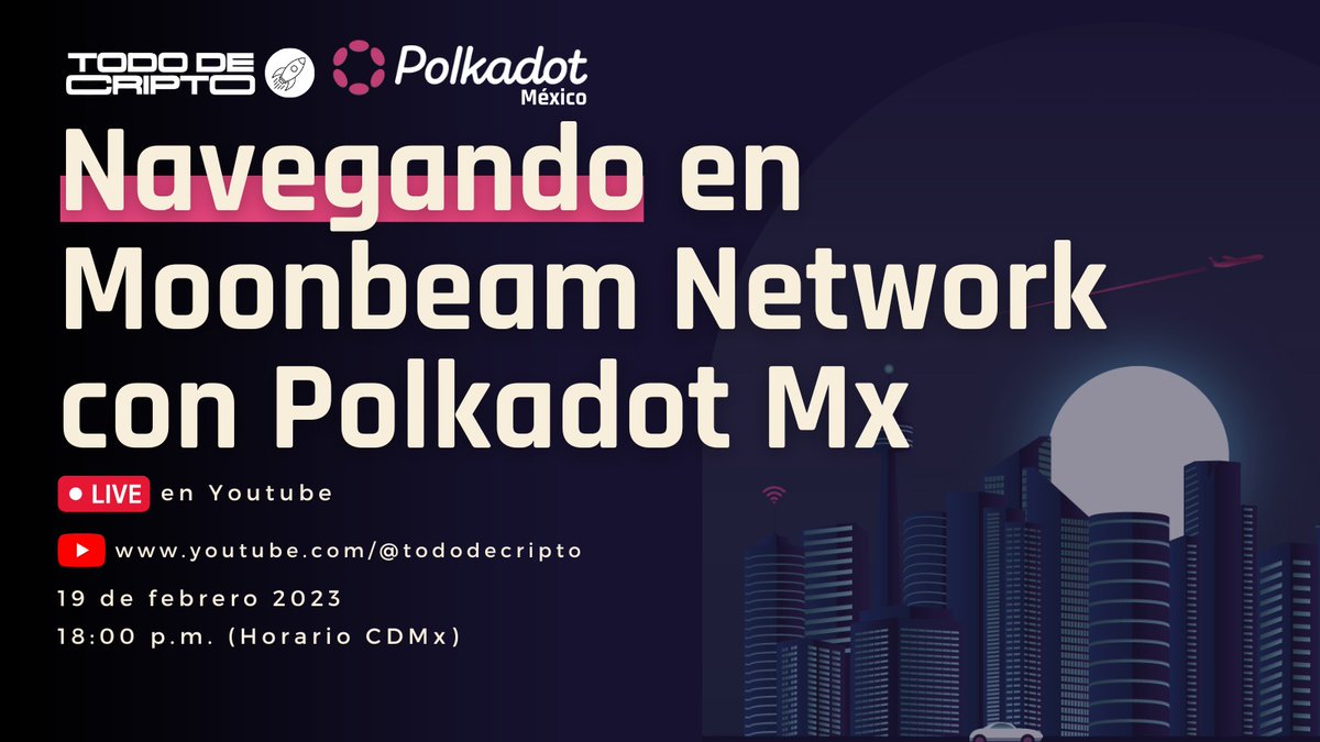 El día domingo a las 18:00 p.m. (Horario CDMx) estaremos 🔴 EN VIVO con nuestros amigos de @polkadot_mx "Navegando en Moonbeam Network".

Si quieres que probemos algún protocolo, alguna colección NFT o una DApp, es el momento. 🚀