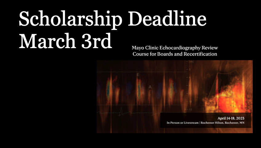 2 weeks left to apply! Scholarship Application Deadline: March 3rd 

Don't miss your chance to be considered for a scholarship for our in-person #Echocardiography Board Review course. 

Get info and apply here: cveducation.mayo.edu/store/mayo-cli…