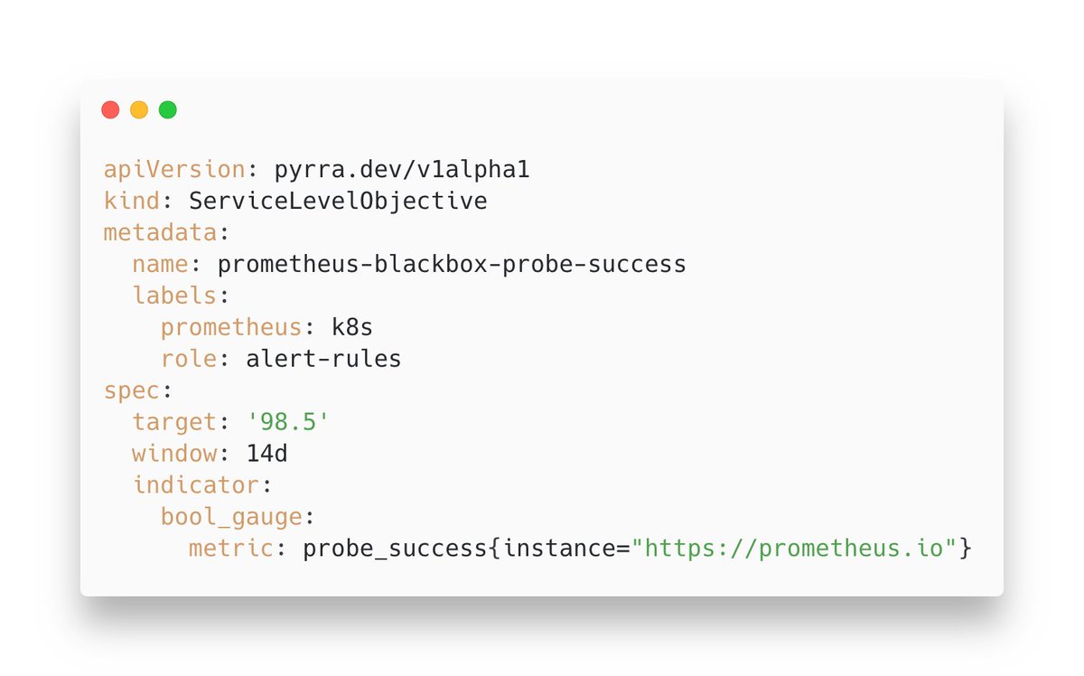 Thanks to Julien Pivotto <a href="/PyrraSLO/">Pyrra</a> now has support for boolean gauges! 
Want to measure the uptime of a scrape target or a blackbox exporter probe? 

It's on the main branch and coming in the next release! 🎉

github.com/pyrra-dev/pyrr…