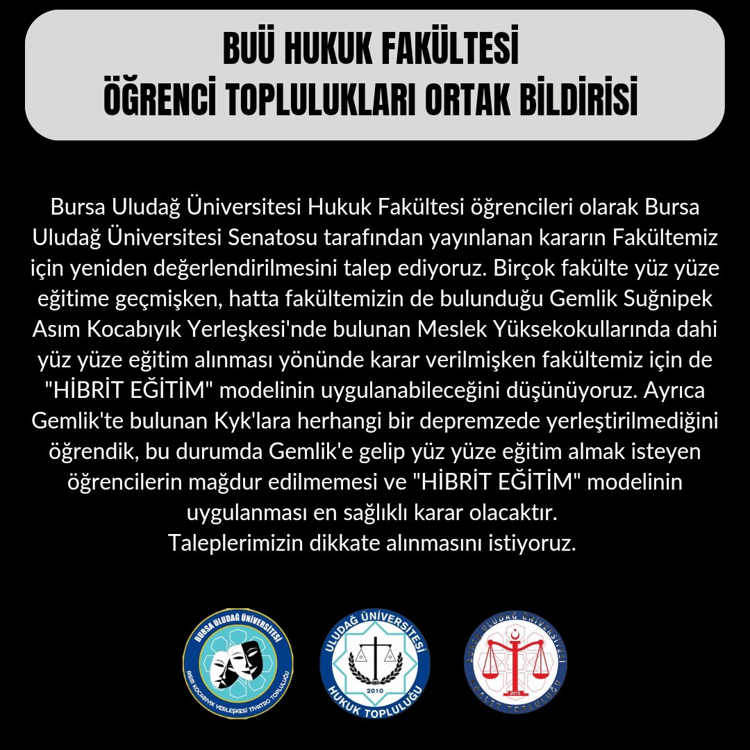 Bursa Uludağ Üniversitesi Hukuk Fakültesi Öğrenci Toplulukları Olarak Yayınladığımız Ortak Bildiri:
<a href="/askilavuz/">Ahmet Saim Kılavuz</a> <a href="/uludagkurumsal/">Bursa Uludağ Üniversitesi</a>
#BuüHukukHibritİstiyor