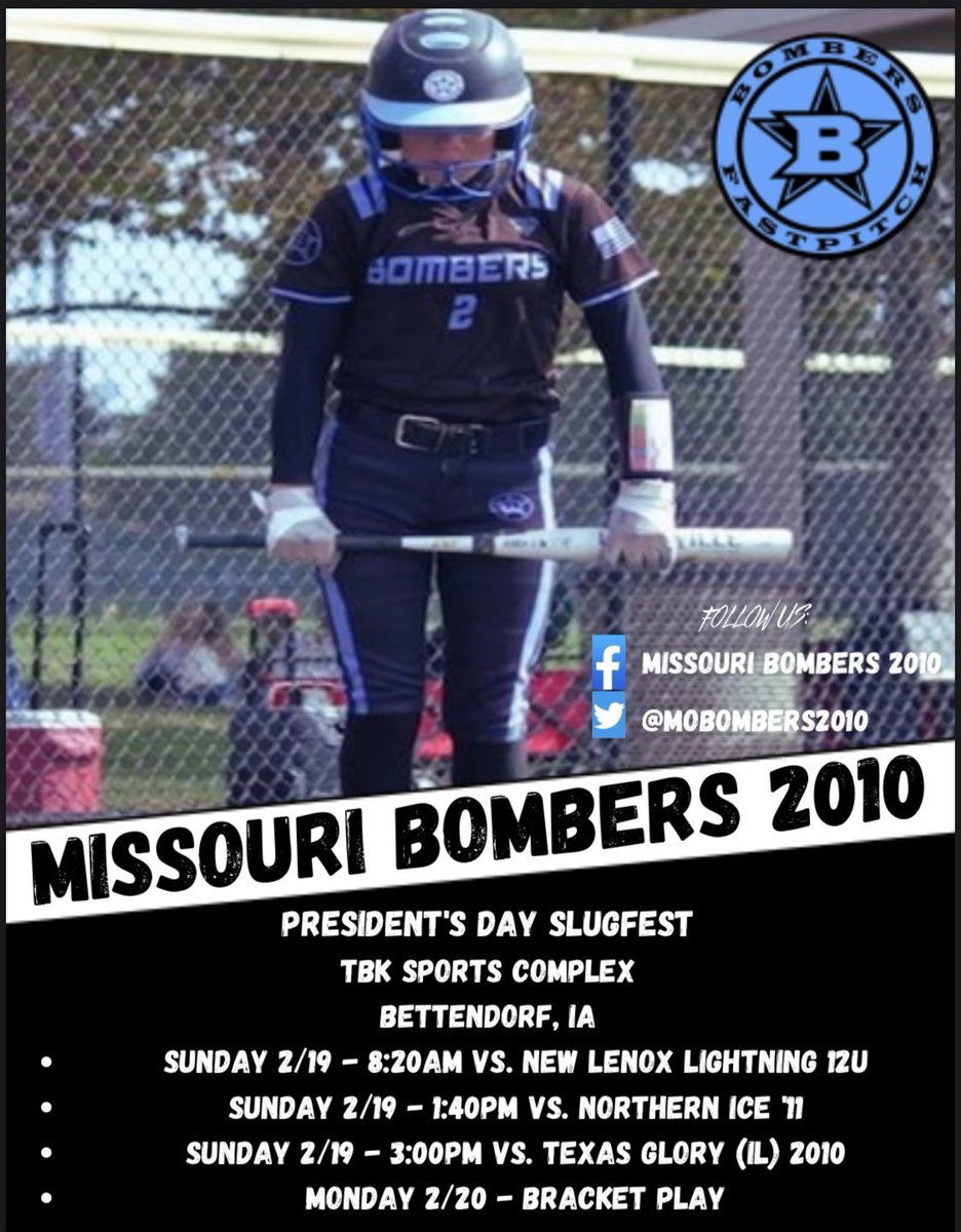 TopGun2028NTL's tweet photo. The Missouri Bombers 2010 kickoff the 2023 season this weekend with a trip up north to TBK Sports Complex in Iowa to play in the President’s Day Classic. Let’s Goooo!!!!!

💣🥎🔥

#AllGasNoBrakes
#AlwaysInTheFight
#CalmLikeABomb
#HardWorkPaysOff
#itsgoodtobeabomber https://t.co/SlPaKjs6Ow