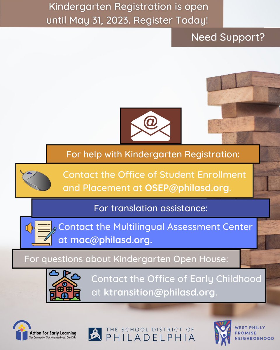 AFELphilly's tweet photo. Need registration help? 📧 Email the Office of Student Enrollment and Placement at OSEP@philasd.org. Contact the Office of Early Childhood at ktransition@philasd.org for Open House questions, and the Multilingual Assessment Center at mac@philasd.org for translation assistance. https://t.co/OtgDXIXXmz