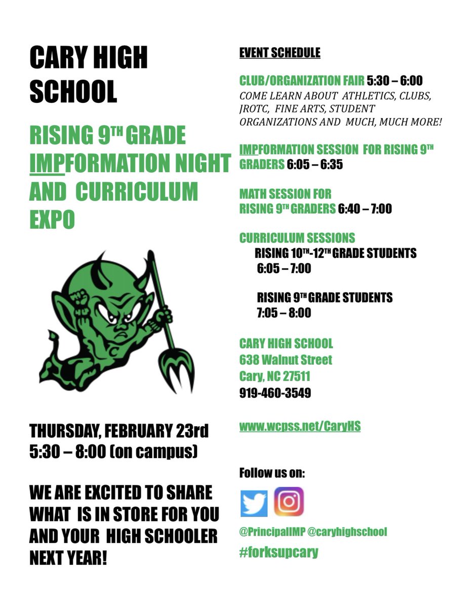 Join us next Thursday, February 23th, from 5:30 - 8:00 pm for our Rising 9th Grade IMPformation Night and Curriculum Expo! We’re excited to share information on all that we have to offer at CHS! 💚