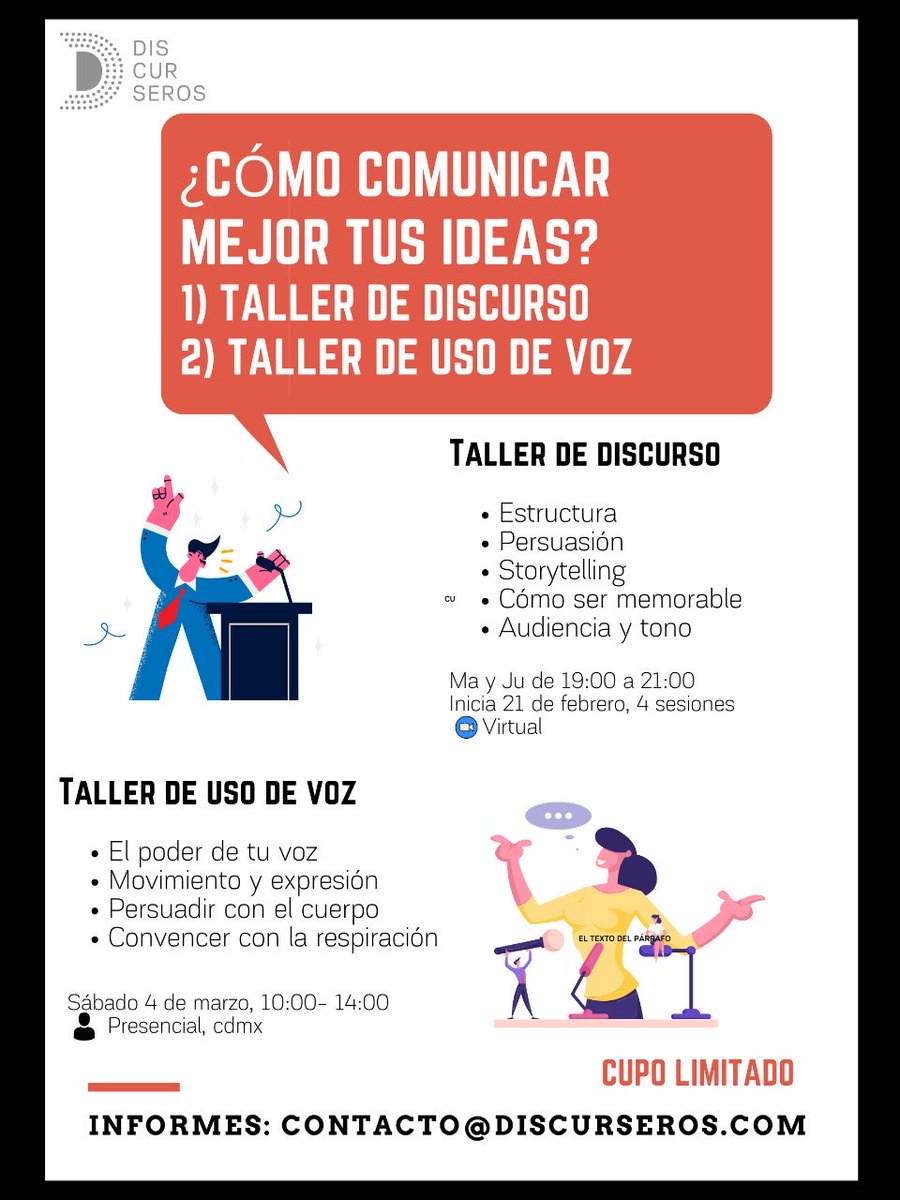 jainapereyra's tweet photo. Estimados todos, esto ya es la próxima semana y quedan algunos lugares disponibles. ¿Quieres aprender a escribir discursos? ¿Ya sabes pero quieres mejorar tu estilo? ¿Quieres comunicar mejor tus ideas? Esto te interesa. Informes en contacto@discurseros.com https://t.co/hKiUJtyDxl