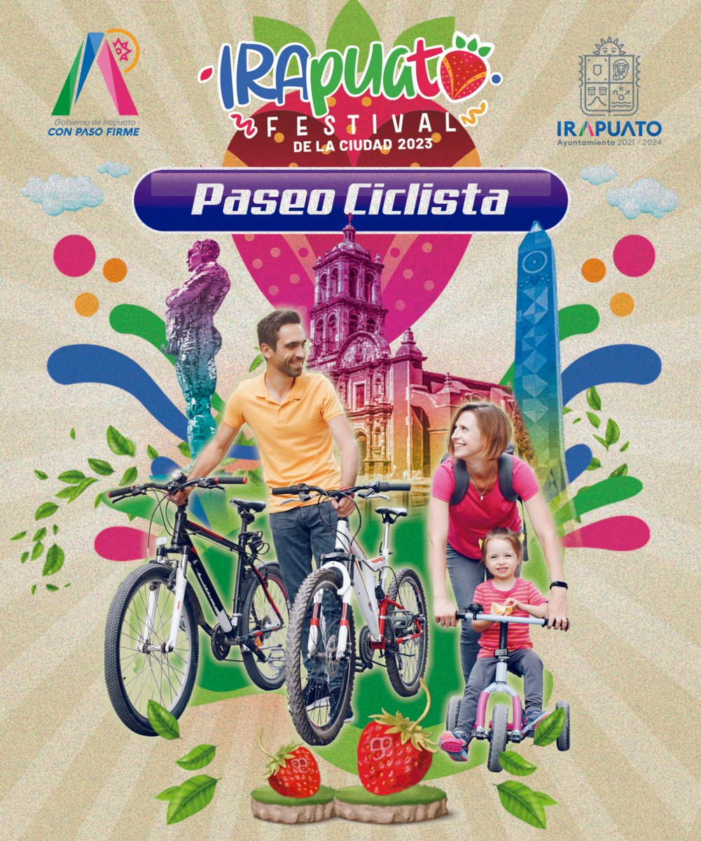 Como parte de las actividades del #FestivalDeLaCiudad acompáñanos en nuestro Paseo Ciclista en punto de las 7:00 p.m. en la calle Sor Juana Inés de la Cruz. Prepara tu equipo de protección, la mejor actitud y tus ganas de celebrar a nuestra ciudad ¡Te esperamos! 🍓 #476Irapuato